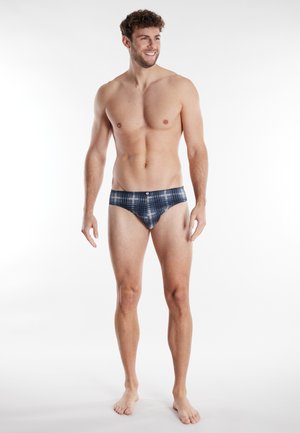 Herren-Schwimmbrief in navy-blauem Karomuster mit gelben und weißen Akzenten. Bietet eine bequeme Passform und einen flachen Bund.