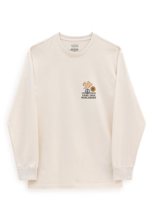 Kremowa, bawełniana koszulka z długim rękawem, z kolorową grafiką przedstawiającą dłoń, kwiat oraz tekst "VANS 1966 WORLDWIDE" na piersi.