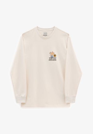 Langarm-Cream-Cotton-T-Shirt mit einem bunten Grafikdruck, der eine Hand, eine Blume und den Text "VANS 1966 WORLDWIDE" auf der Brust zeigt.