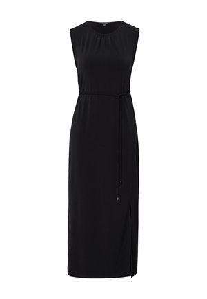 Schwarzes ärmelloses Kleid mit rundem Ausschnitt, tailliertem Bund und seitlichem Schlitz; glatte Textur und knielanges Design.