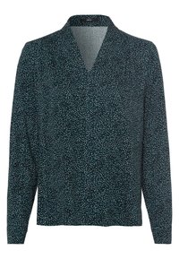 Blouse à manches longues en bleu foncé avec un motif tacheté blanc et bleu clair, design en V et texture de tissu douce et légère.