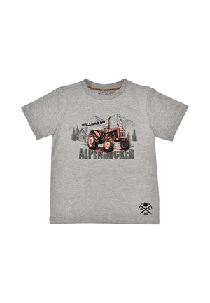 Gray short-sleeve T-shirt with red tractor graphic, mountain and cabin backdrop, and text "Vollgas du Alpenrocker" on front.