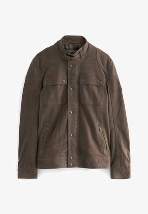 Brown leather jacket with a high collar, two chest pockets, and a zipped side pocket. Features a smooth texture and visible stitching.