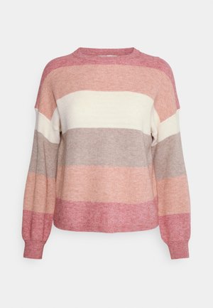 Zachte gebreide trui met brede horizontale strepen in tinten roze, beige, crème en taupe, voorzien van lange mouwen en een ronde hals.