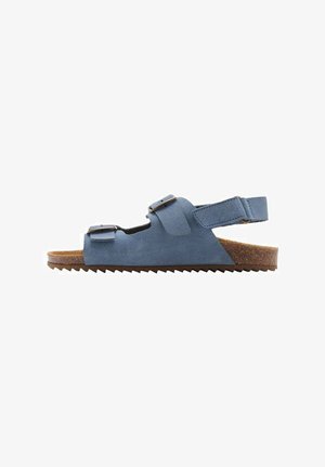 Sandal in camoscio blu con due fibbie regolabili, punta aperta e suola in gomma marrone texturizzata. Presenta una cinghia sul retro per il supporto.