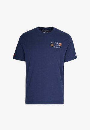 T-shirt di cotone blu navy con maniche corte, scollatura a girocollo e design ricamato di testo colorato e sole sul davanti.
