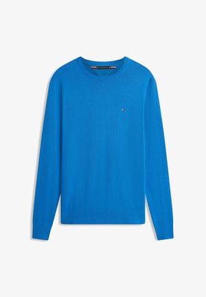 Jersey azul de manga larga con cuello redondo, puños y dobladillo acanalados, con un pequeño logo bordado en el pecho izquierdo.