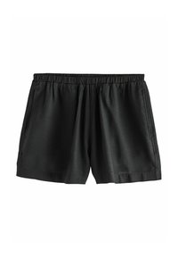 Svarte stofshorts med elastisk talje, løs pasform og sidelommer; glat tekstur og enkelt design. Velegnet til afslappet brug.