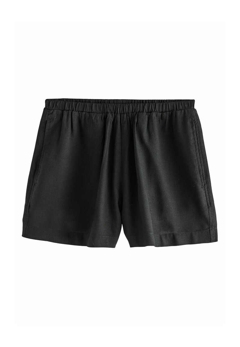 Svarte stofshorts med elastisk talje, løs pasform og sidelommer; glat tekstur og enkelt design. Velegnet til afslappet brug.