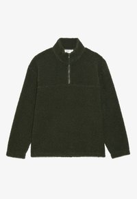 Fleece pullover i mørk grøn med halv-zip krave. Blød tekstur, afslappet pasform og en kontrasterende panel på brystet. Lange ærmer.