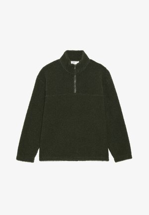 Flis pulover v temno zeleni barvi z ovratnikom na pol zadrgo. Mehka tekstura, sproščen kroj in kontrastna plošča na prsih. Dolgi rokavi.
