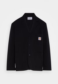 Czarny żakiet z jednym guzikem, klapami w kształcie notcha i kieszenią na piersi, z kwadratowym logo Carhartt. Gładka faktura materiału.