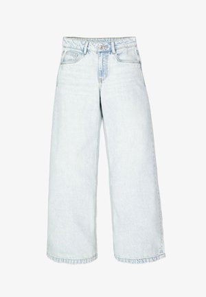 Lichtblauwe wide-leg jeans van denim, met een hoge taille, vijf zakken en een klassieke knoopsluiting. Gladde textuur met rafelige zoom.