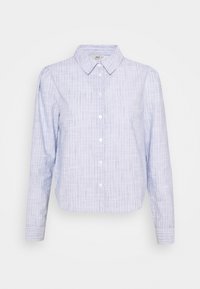 Camicia button-up azzurro chiaro con maniche lunghe, caratterizzata da un tessuto testurizzato e un colletto classico. Bottoni frontali e dettaglio arricciato sulle spalle.