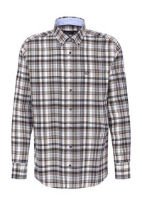 Braun-weiß kariertes Hemd mit blauen Akzenten, Knopfleiste vorn und Kragen. Verfügt über eine Brusttasche und lange Ärmel.