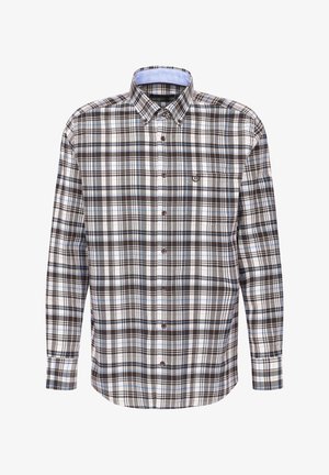 Braun-weiß kariertes Hemd mit blauen Akzenten, Knopfleiste vorn und Kragen. Verfügt über eine Brusttasche und lange Ärmel.