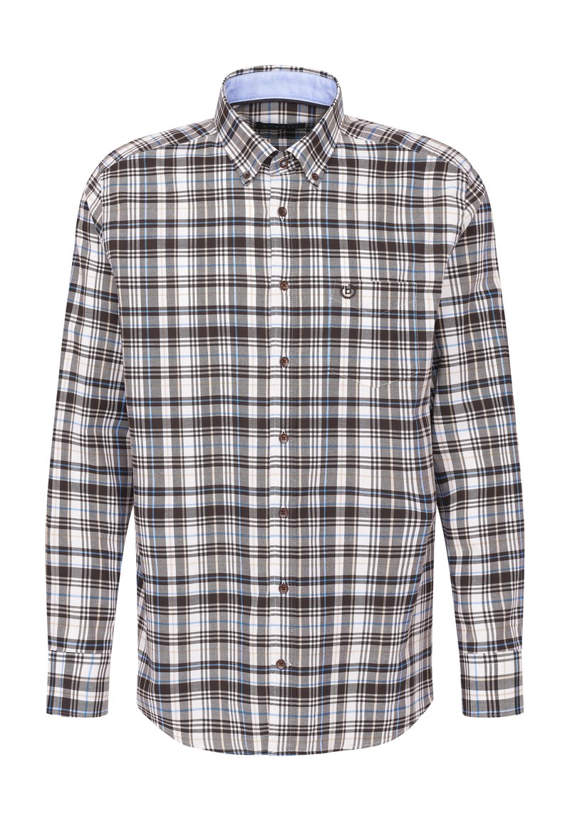 Braun-weiß kariertes Hemd mit blauen Akzenten, Knopfleiste vorn und Kragen. Verfügt über eine Brusttasche und lange Ärmel.