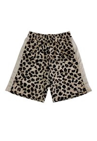 Shorts con stampa leopardata in beige e nero, dotati di vita elasticizzata e texture liscia con pannelli laterali a contrasto.