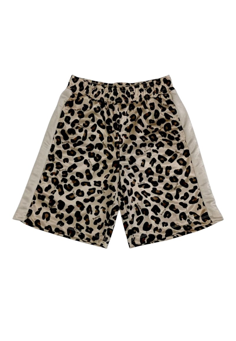 Shorts con stampa leopardata in beige e nero, dotati di vita elasticizzata e texture liscia con pannelli laterali a contrasto.