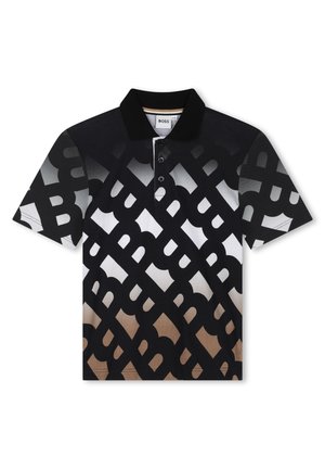 Polo noir et blanc avec un motif géométrique, patte de boutonnage à trois boutons et col classique. Dégradé du noir au marron à l'ourlet.