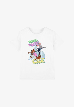 White cotton t-shirt featuring a colorful graphic of two cartoon characters with the text "HOPPS & WILDE ON THE CASE" in bold letters.