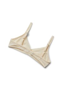 Bralette de color crema con tejido texturizado, tirantes ajustables y bordes con forma de olas. Cuenta con un cierre de gancho en la parte posterior para un ajuste seguro.