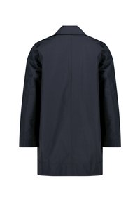 Marineblauer, leichter Mantel mit geradem Schnitt, spitzem Kragen und langen Ärmeln. Besitzt eine glatte Textur und minimale Nähdetails.