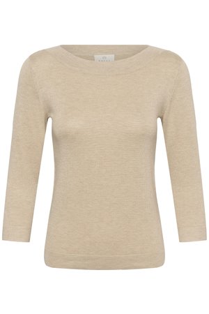 Bež pleteni džemper s rukavima do tri četvrtine i širokim okruglim izrezom, s diskretnim rebrastim rubom i manžetnama.