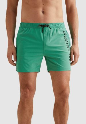 Mężczyzna noszący zielone kąpielówki ze czarnym sznurkiem i napisem „South Legend” na lewym udzie, stojący na jednolitym tle.