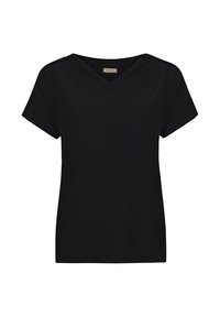 T-shirt nera a collo a V con maniche corte. Realizzata in tessuto morbido e leggero. Taglio semplice e dritto, senza fantasie né decorazioni.