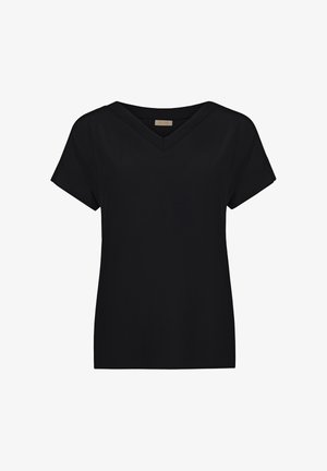 T-shirt noir à col en V avec des manches courtes. Fabriqué en tissu lisse et léger. Coupe simple et droite sans motifs ni embellissements.