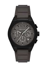 Schwarze Chronographuhr mit grauem Ziffernblatt, weißen Zeigern und Datumsanzeige. Silikonarmband mit strukturiertem Finish und angularer Gehäuseform.