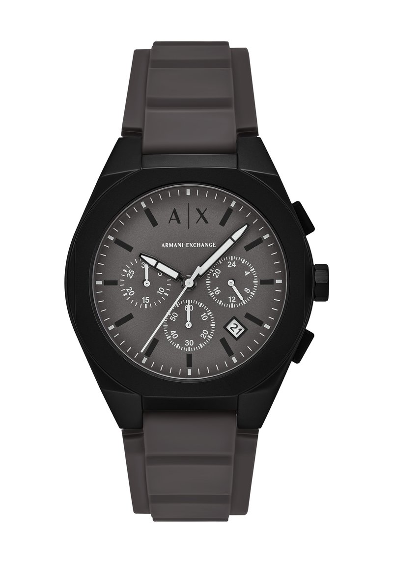 Schwarze Chronographuhr mit grauem Ziffernblatt, weißen Zeigern und Datumsanzeige. Silikonarmband mit strukturiertem Finish und angularer Gehäuseform.