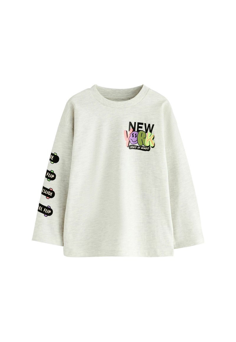 Halli pikkade varrukatega sweatshirt hallil taustal, millel on "NEW YORK" graafika rohelises, roosas ja mustas. Täiendavad skateboarding-teemalised kujundused varrukal.