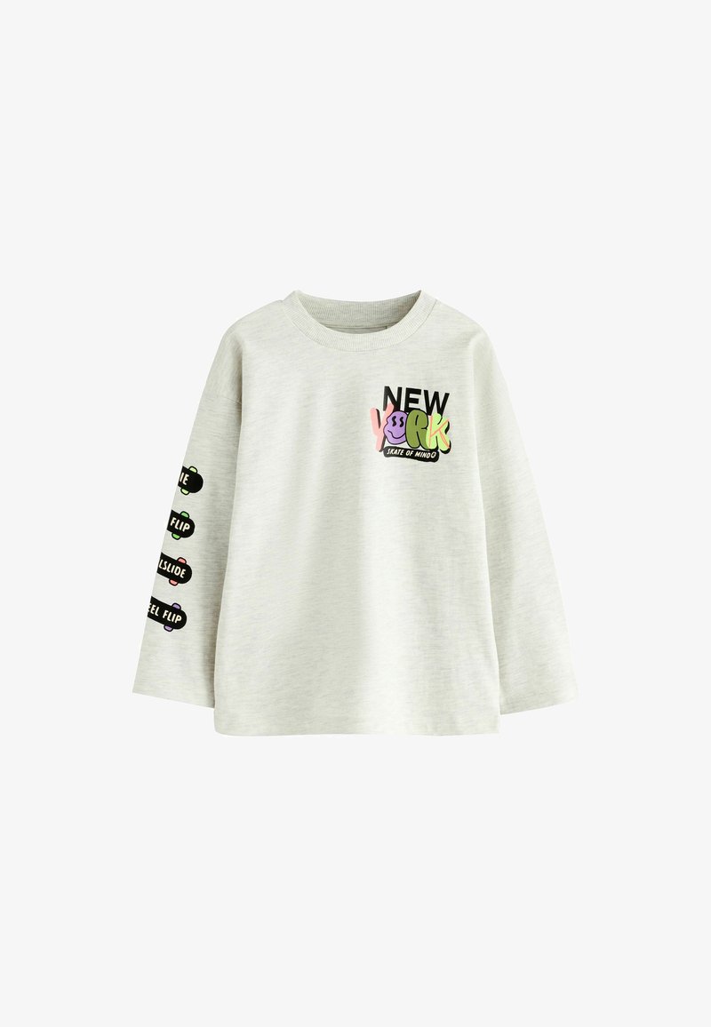 Halli pikkade varrukatega sweatshirt hallil taustal, millel on "NEW YORK" graafika rohelises, roosas ja mustas. Täiendavad skateboarding-teemalised kujundused varrukal.