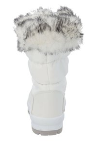 Botas de invierno blancas, acolchadas, con un puño de piel sintética que presenta detalles en gris. Suela texturizada para mayor agarre, material superior suave y forma redondeada.