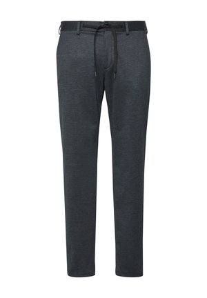 Dark gray slim-fit trousers with a subtle textured pattern, belt loops, and a black drawstring at the waist.