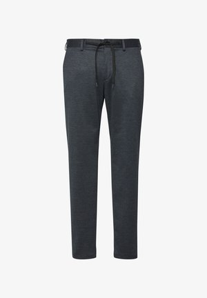 Dunkelgraue Slim-Fit-Hose mit dezentem Strukturmuster, Gürtelschlaufen und schwarzem Kordelzug an der Taille.