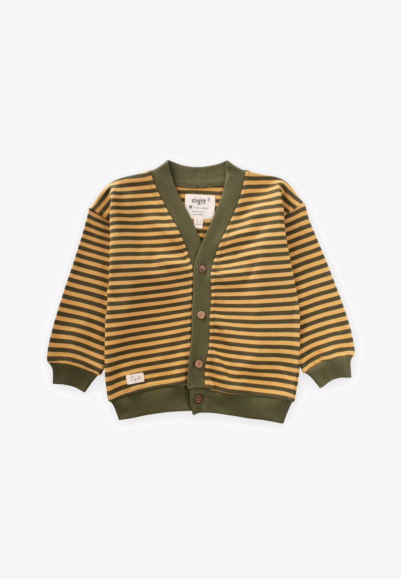 Dryžuotas kardiganas alyvuogių žalia ir garstyčių geltona spalvomis, turintis V formos iškirpę, medines sagas ir suraudintus rankogalius. Pagamintas iš minkštos medžiagos.