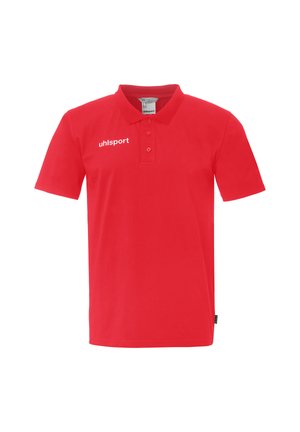 Rød kortærmet poloshirt med krave og tre knapper, med hvidt "uhlsport"-logo på venstre bryst.