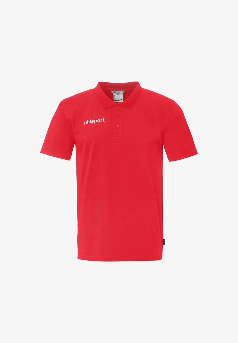 Polo rouge à manches courtes avec col et trois boutons, arborant le logo blanc "uhlsport" sur le côté gauche de la poitrine.