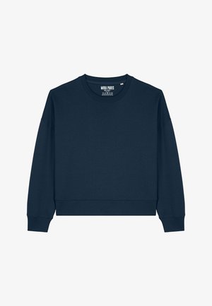 Navyblauw cropped sweatshirt met lange mouwen, geribde halslijn en manchetten, zachte textuur, met binnenin het merkembleem "MIRA PARIS".