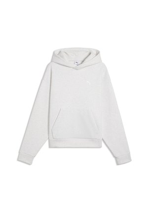 Hellgrauer Pullover-Hoodie mit Kängurutasche und kleinem Puma-Logo auf der Brust, dargestellt auf weißem Hintergrund.