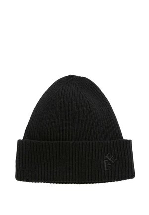Gorro de punto acanalado negro con puño doblado y diseño bordado sutil en el puño.