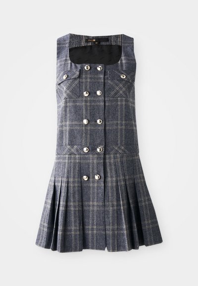 Rochie fără mâneci cu carouri în albastru închis, cu accente bej. Prezintă un top ajustat, cinci nasturi argintii și o fustă plisată.