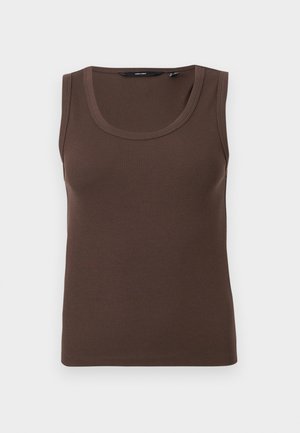 Débardeur marron côtelé sans manches avec un col rond, présenté sur un fond gris clair.