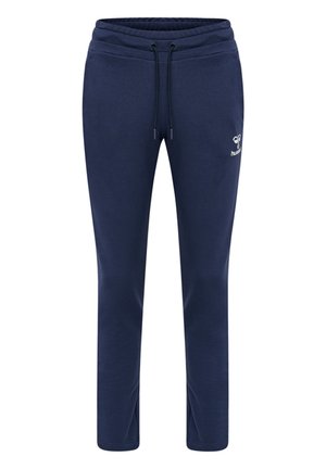 Marineblaue Jogginghose mit elastischem Bund, Kordelzug, Seitentaschen und kleinem weißem Logo am linken Oberschenkel.