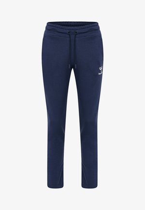 Pantalon de jogging bleu marine avec taille élastique, cordon, poches latérales et petit logo blanc sur la cuisse gauche.