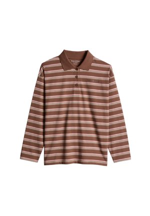Brown long-sleeve polo shirt with pink and white horizontal stripes and three buttons on the front placket.