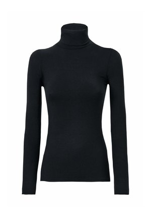 Maglia nera a maniche lunghe con colletto alto, realizzata in un tessuto liscio e elasticizzato. Presenta una silhouette aderente e un colletto alto senza decorazioni visibili.